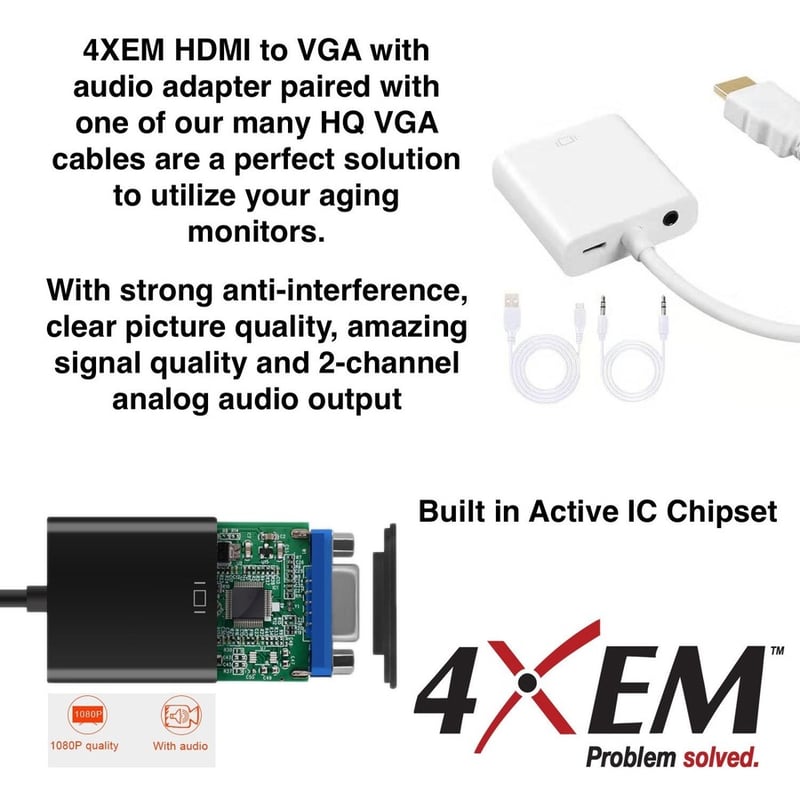 4XEM HDMI to VGA Adapter With 3.5mm Audio Cable and Power- White - Thumbnail 3