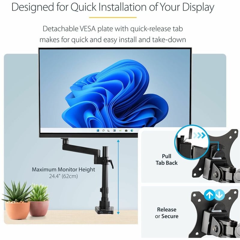 StarTech.com Desk Mount Monitor Arm with 2x USB 3.0 ports, Full Motion Monitor Mount up to 34" (17.6lb/8kg) VESA Display, C-Clamp/Grommet - Thumbnail 2