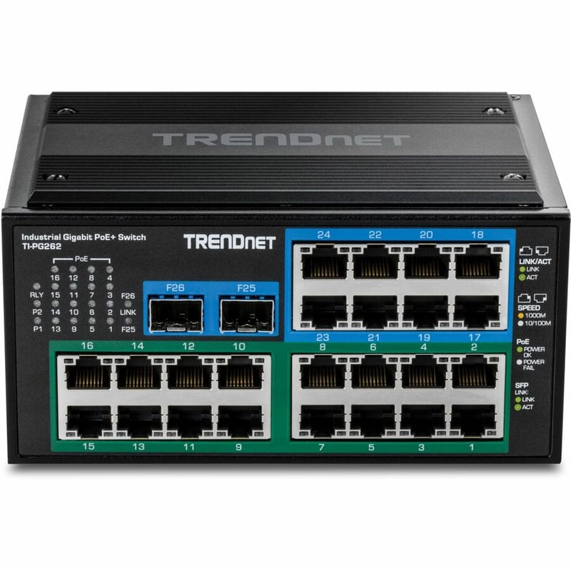 TRENDnet 26-Port Hardened Industrial Unmanaged Gigabit DIN-Rail Switch, TI-PG262, 16 x Gigabit PoE+ Ports, 8 x Gigabit RJ-45 Ports, 2 x SFP Ports, IP30, Lifetime Protection, Black - Thumbnail 5