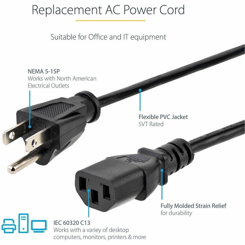 StarTech.com 3ft (1m) Computer Power Cord, NEMA 5-15P to C13, 10A 125V, 18AWG, Black Replacement AC PC Power Cord, TV/Monitor Power Cable - Thumbnail 3
