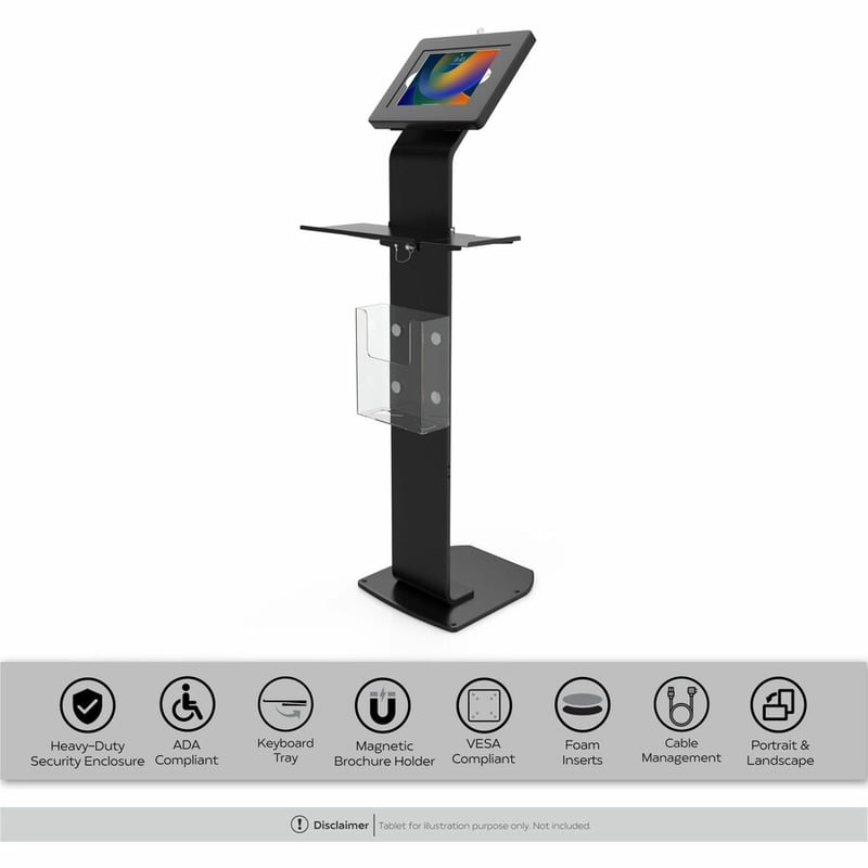 CTA Premium Locking Floor Stand Kiosk with Universal Security Enclosure, Keyboard Tray, and Storage Compartment (Black) - Thumbnail 2