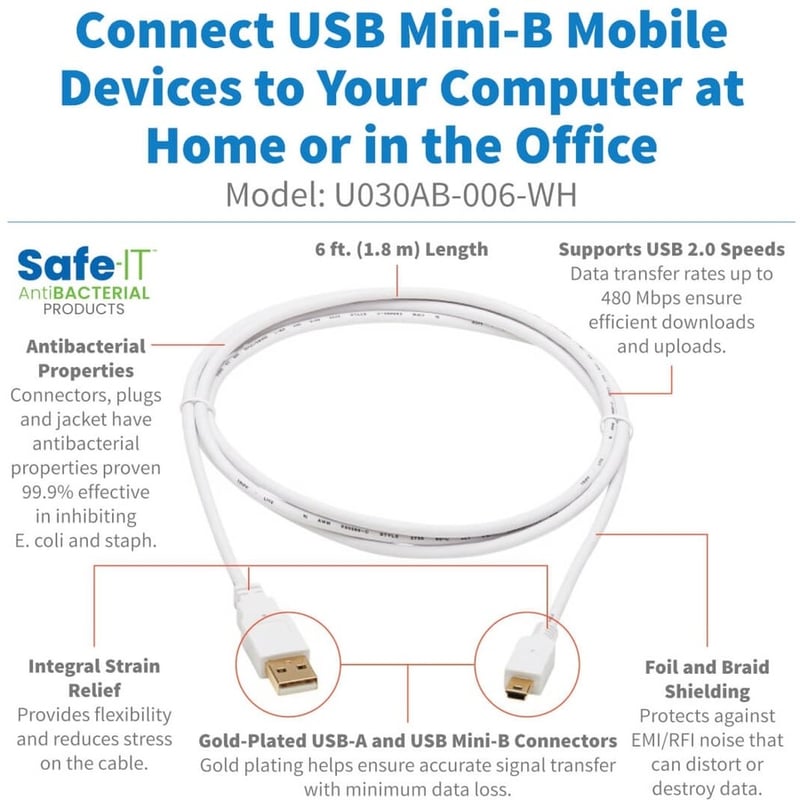 Eaton Tripp Lite Series Safe-IT USB 2.0 A to USB Mini-B Antibacterial Cable (M/M), White, 6 ft. (1.83 m) - Thumbnail 3