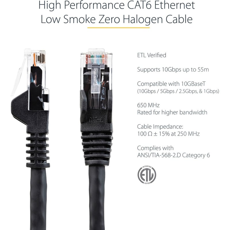 StarTech.com 20ft (6m) CAT6 Ethernet Cable, LSZH (Low Smoke Zero Halogen) 10 GbE Snagless 100W PoE UTP RJ45 Black Network Patch Cord, ETL - Thumbnail 5