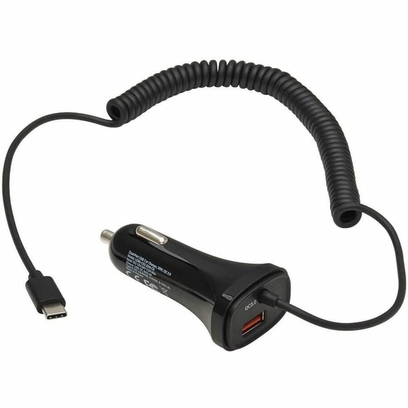 Tripp Lite by Eaton Dual-Port USB Car Charger with 30W Charging - USB-C (18W) QC 3.0 USB-A (12W) Coiled 6 ft. (1.83 m) USB-C Cable Black - Thumbnail 2