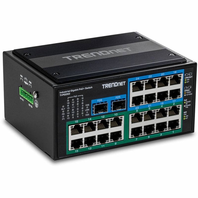 TRENDnet 26-Port Hardened Industrial Unmanaged Gigabit DIN-Rail Switch, TI-PG262, 16 x Gigabit PoE+ Ports, 8 x Gigabit RJ-45 Ports, 2 x SFP Ports, IP30, Lifetime Protection, Black - Thumbnail 2