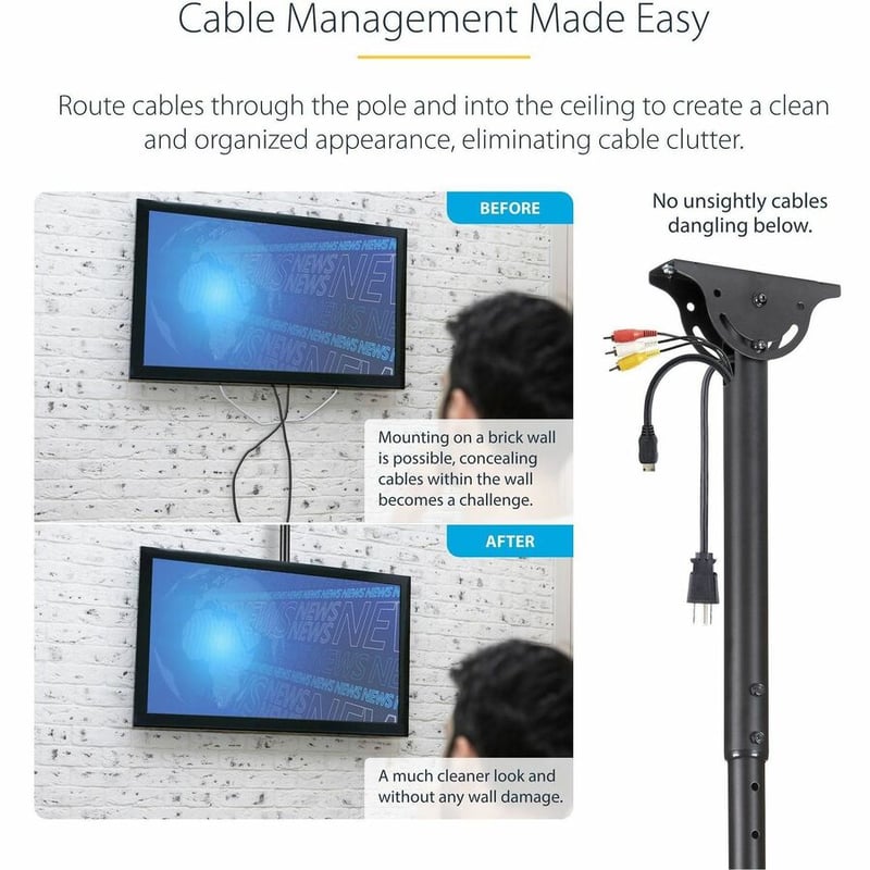 StarTech.com TV Ceiling Mount, Full-Motion Hanging Single Screen Vesa Mount for 32"-75" TVs / Displays - Height Adjustable Telescopic Pole - Thumbnail 3