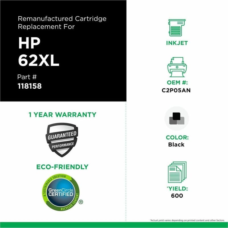 Clover Imaging Remanufactured High Yield Black Ink Cartridge for HP 62XL (C2P05AN) - Thumbnail 3