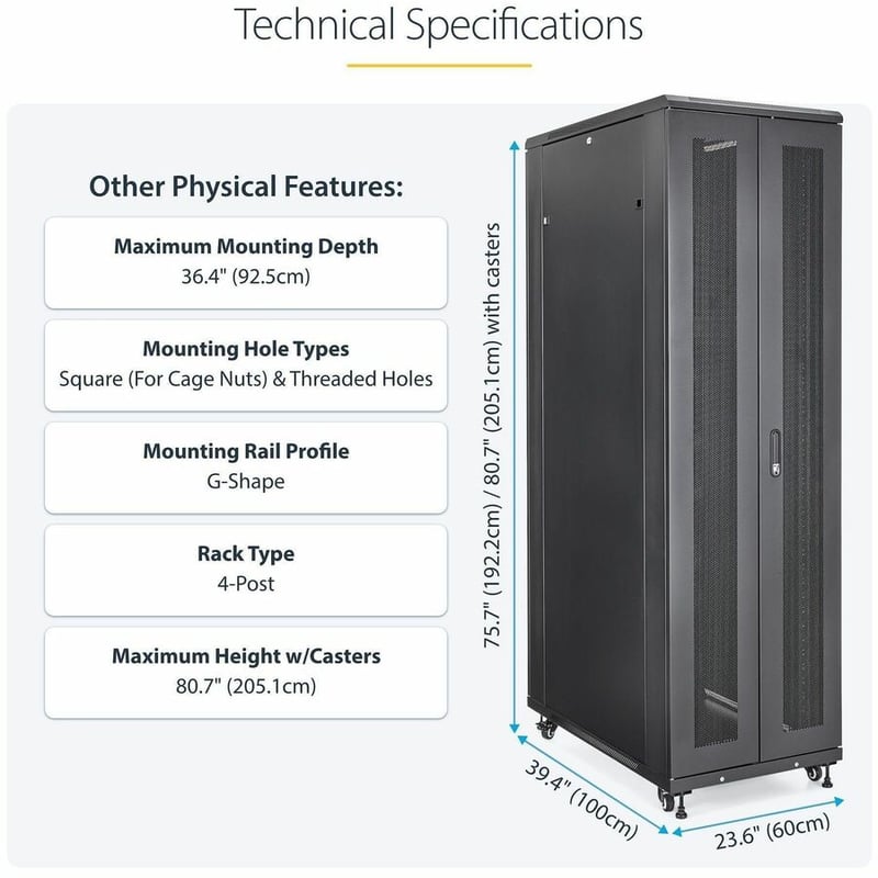 StarTech.com 4-Post 42U Server Rack Cabinet, 19" Data Rack Cabinet for Computer / IT Equipment mount, Rack Server Cabinet with Casters - Thumbnail 5