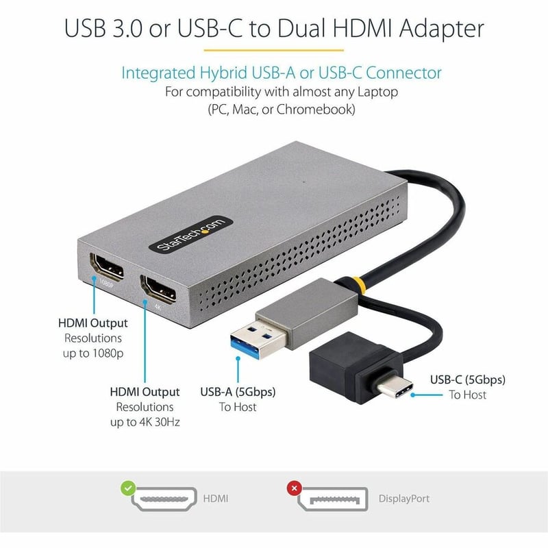 StarTech.com USB to Dual HDMI Adapter, USB A/C to 2x HDMI Displays (1x 4K30, 1x 1080p), USB 3.0 to HDMI Converter, 4in/11cm Cable, Win/Mac - Thumbnail 3