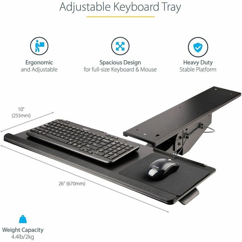 StarTech.com Under Desk Keyboard Tray, Height Adjustable Keyboard and Mouse Tray (10" x 26"), Ergonomic Computer Keyboard Tray w/Mouse Pad - Thumbnail 2
