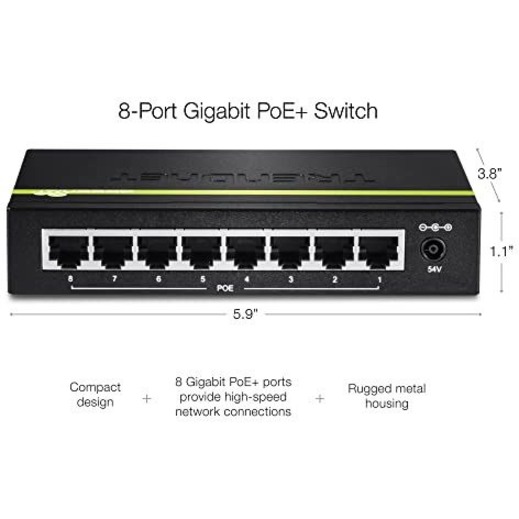 TRENDnet 8-Port Gigabit PoE+ Switch, 8 x Gigabit PoE+ Ports, 123W PoE Power Budget, 16 Gbps Switching Capacity, Desktop Switch, Ethernet Network Switch, Metal, Lifetime Protection, Black, TPE-TG80G - Thumbnail 4