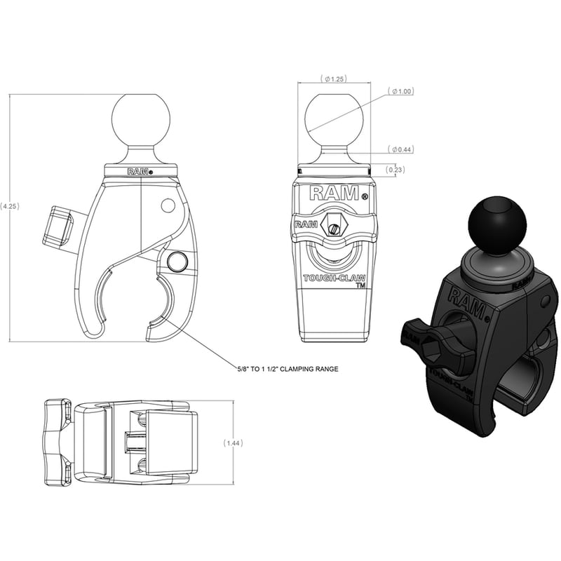 RAM Mounts Tough-Claw Clamp Mount for Tablet, Camera, Smartphone, Kayak - Thumbnail 2