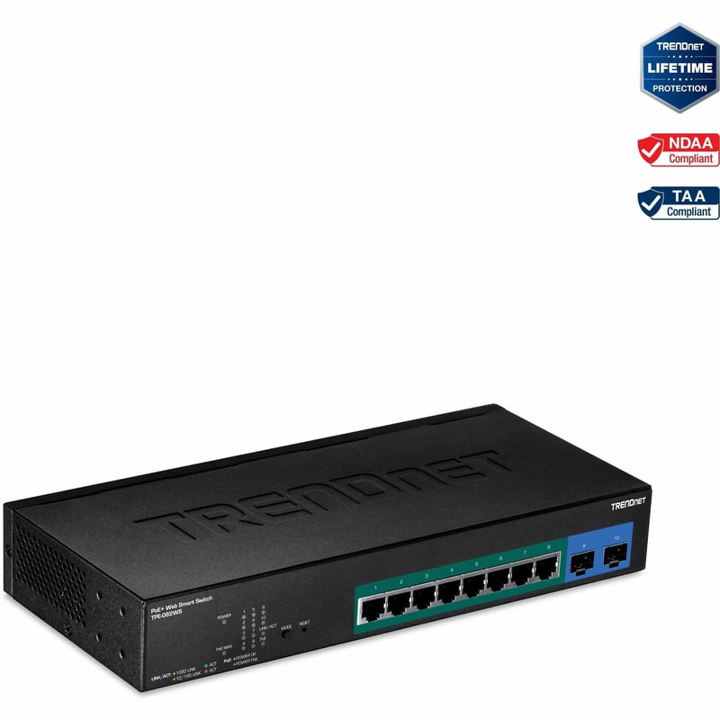 TRENDnet 10-Port Gigabit Web Smart PoE+ Switch, 8 x Gigabit PoE+ Ports, 2 x SFP Slots, Vlan, QoS, IPv6 Support, 20Gbps Switching Capacity, 75W PoE Power Budget, Lifetime Protection, Black, TPE-082WS - Thumbnail 1