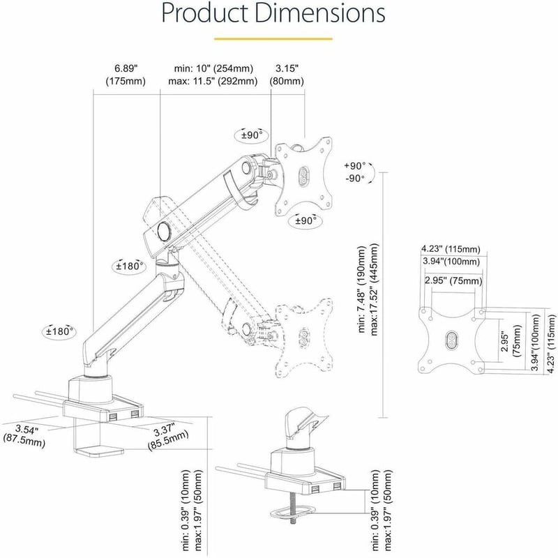 StarTech.com Desk Mount Monitor Arm with 2x USB 3.0 ports, Slim Single Monitor VESA Mount up to 34" (17.6lb/8kg) Display, C-Clamp/Grommet