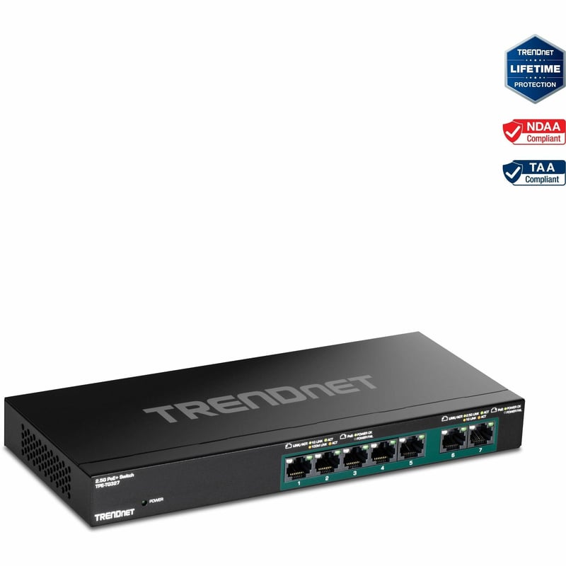 TRENDnet 7-Port Multi-Gig PoE+ Switch, 5 x 1G RJ-45 PoE+ BASE-T Ports, 2 x 2.5G RJ-45 PoE+ Ports, 20Gbps Switching Capacity, Wall Mountable, Network Ethernet Switch, Lifetime Protection, Black,TPE-TG327 - Thumbnail 1