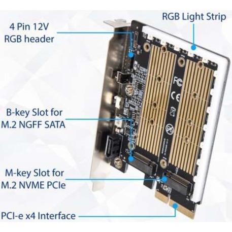 IO Crest M.2 M-key and M.2 B-key SSD RGB Adapter Card with Heatsink 12V ARGB PIN