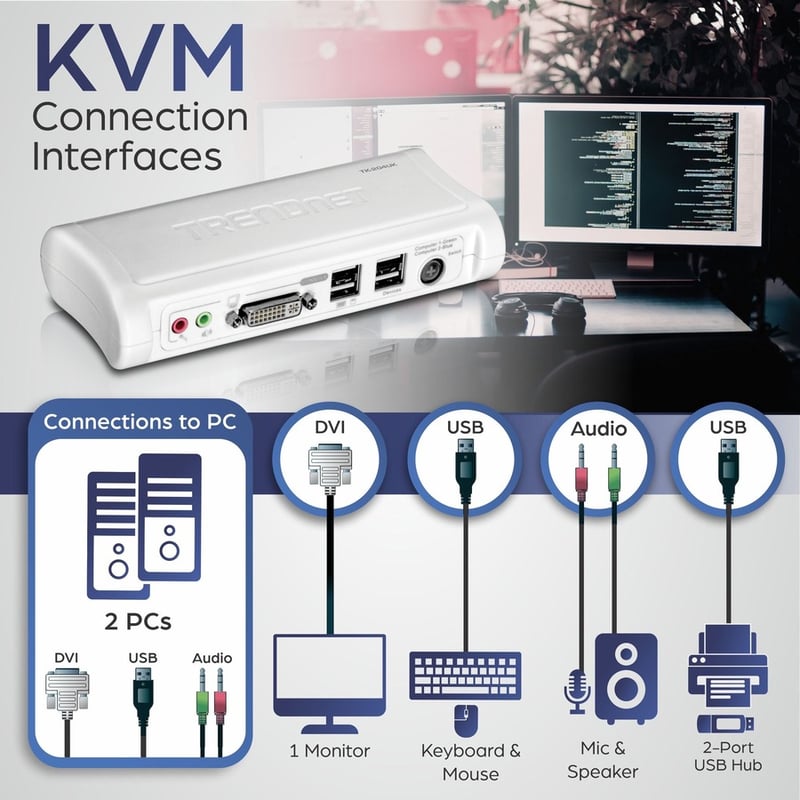 TRENDnet 2-Port DVI USB KVM Switch & Cable Kit with Audio, Manage Two PCs, 2 x USB Keyboard & Mouse Ports, 2 x Bonus USB 2.0 Ports, 2 Way Audio Support, TK-204UK - Thumbnail 5