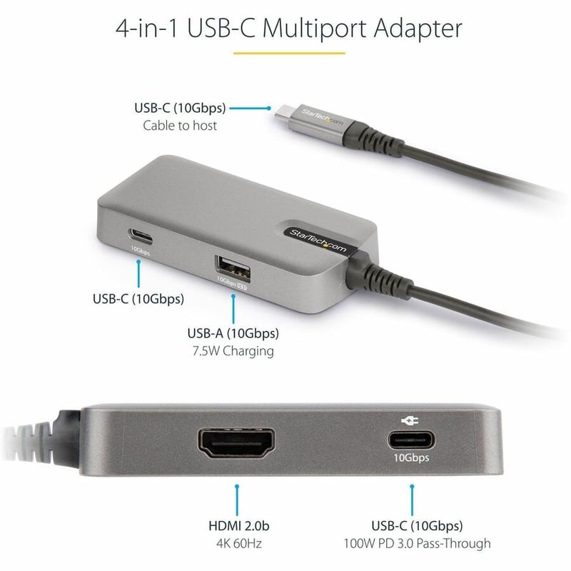 StarTech.com USB C Multiport Adapter, 4K 60Hz HDMI 2.0, 100W PD Pass-through, USB Hub, USB Type-C Mini Docking Station, 10" (25cm) Cable - Thumbnail 3
