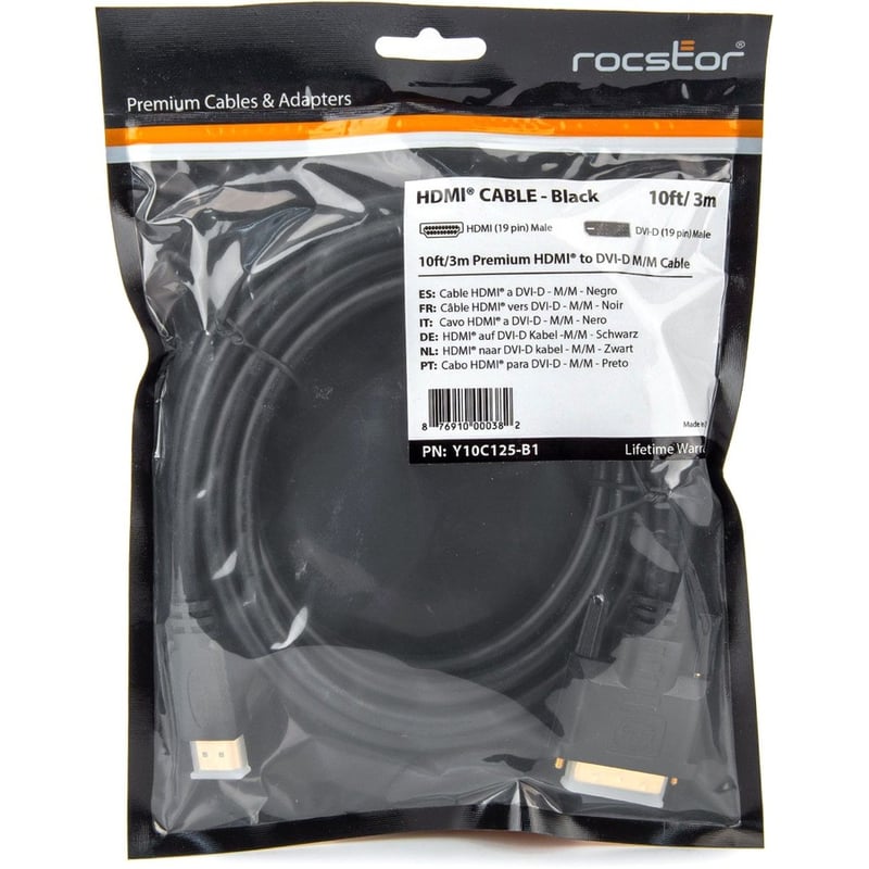 Rocstor Premium HDMI to DVI-D Cable - M/M - 10 ft - 1 x DVI-D Male - 1 x Male HDMI - Gold-plated Contacts - Black - Thumbnail 5