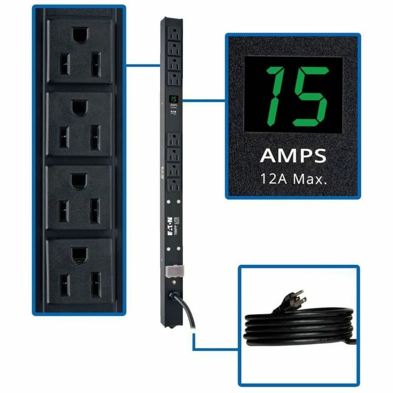 Tripp Lite by Eaton PDU 1.5kW Single-Phase Local Metered PDU 100-127V Outlets (8 5-15R) 5-15P 15 ft. (4.57 m) Cord 0U Vertical 24 in. - Thumbnail 1