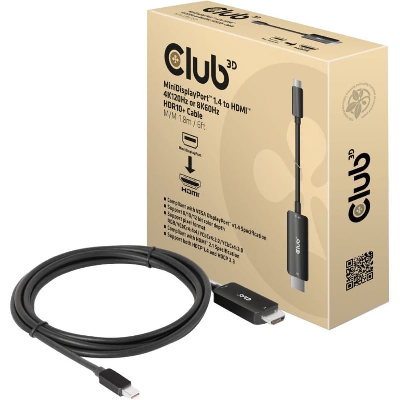 Club 3D MiniDisplayPort 1.4 to HDMI 4K120Hz or 8K60Hz HDR10+ Cable M/M 1.8m / 6ft - Thumbnail 1
