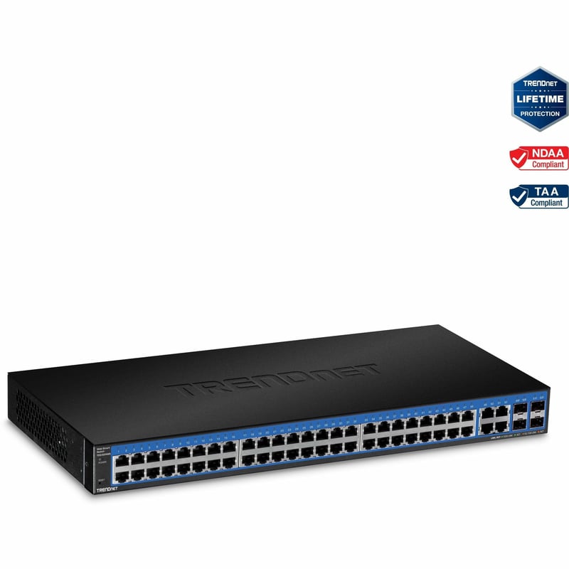 TRENDnet 52-Port Gigabit Web Smart Switch, 48 Gigabit RJ-45 Ports, 4 Shared Gigabit Ports (RJ-45 or SFP), 104 Gbps Switching Capacity, VLAN, QoS, LACP, IPv6, Lifetime Protection, Black, TEG-524WS - Thumbnail 1
