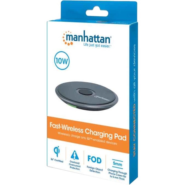 Manhattan Smartphone Wireless Charging Pad, QI certified, 10W, 7.5W and 5W charging, USB-C to USB-A cable included, USB-C input into pad, Cable 1.5m, Black, Three Year Warranty, Boxed - Thumbnail 2
