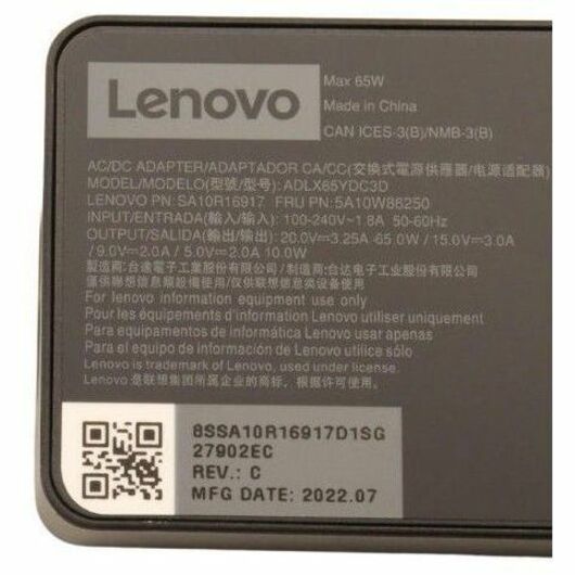 LENOVO AC ADAPTER 1 PACK 65 W 120 V AC 230 V AC INPUT 5 V - Thumbnail 2