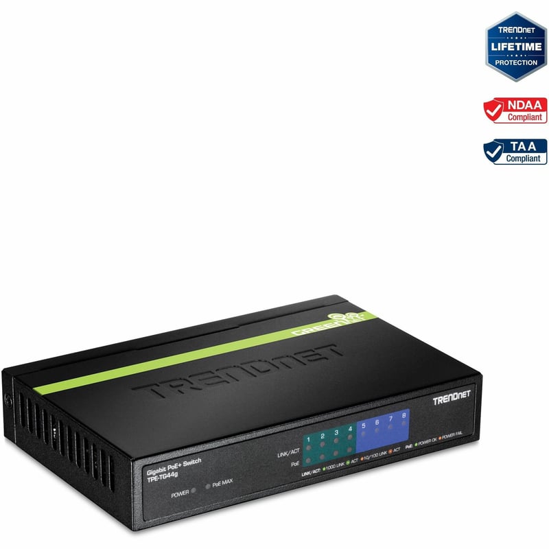TRENDnet 8-Port Gigabit GREENnet PoE+ Switch, 4 x Gigabit PoE-PoE+ Ports, 4 x Gigabit Ports, 61W Power Budget, 16 Gbps Switch Capacity, Ethernet Unmanaged Switch, Lifetime Protection, Black, TPE-TG44G - Thumbnail 1