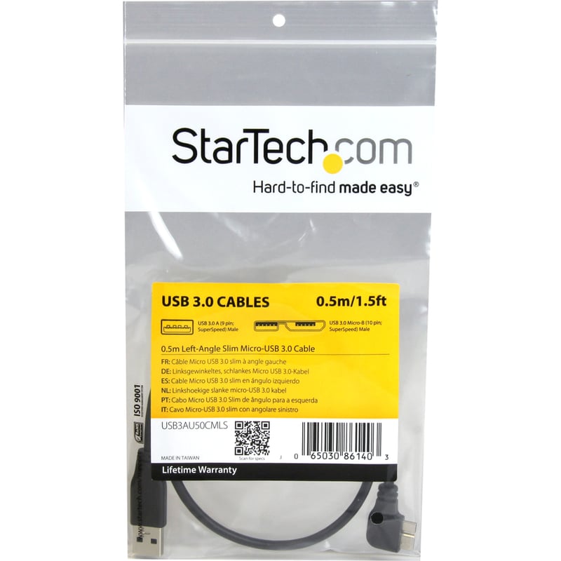 StarTech.com 0.5m 20in Slim Micro USB 3.0 (5Gbps) Cable - M/M - USB 3.0 A to Left-Angle Micro USB - USB 3.2 Gen 1 - Thumbnail 4