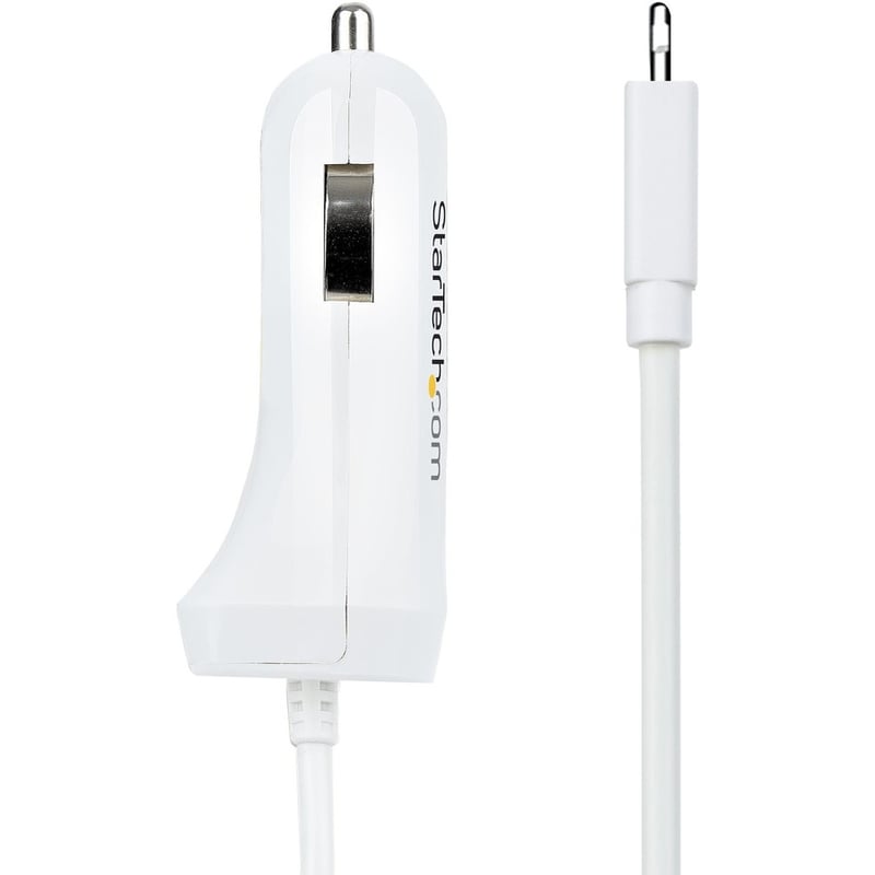 StarTech.com Lightning Car Charger with Coiled Cable, 1m Built-in Cable, 12W, White, 2 Port USB Car Charger Adapter, In Car iPhone Charger - Thumbnail 5