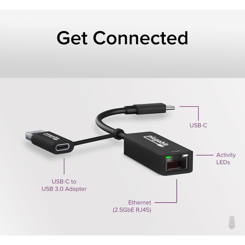 Plugable 2.5G USB C and USB to Ethernet Adapter - 2-in-1 Adapter - Thumbnail 2