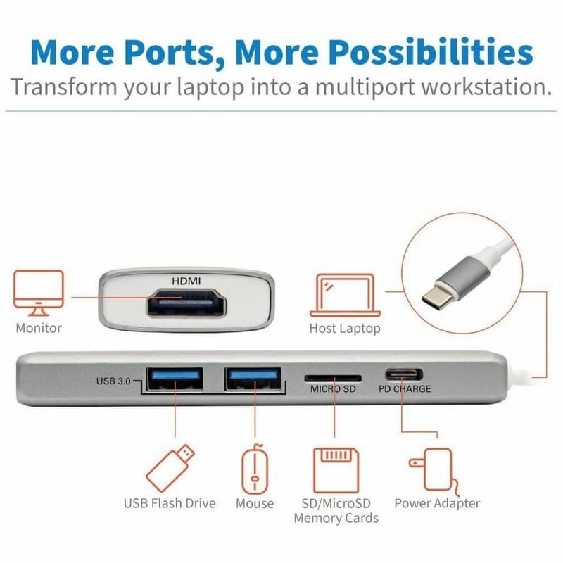 Tripp Lite by Eaton USB C Docking Station 4k @ 30Hz w/USB Hub HDMI Micro SD Charging, USB Type C, USB-C, USB Type-C - Thumbnail 3