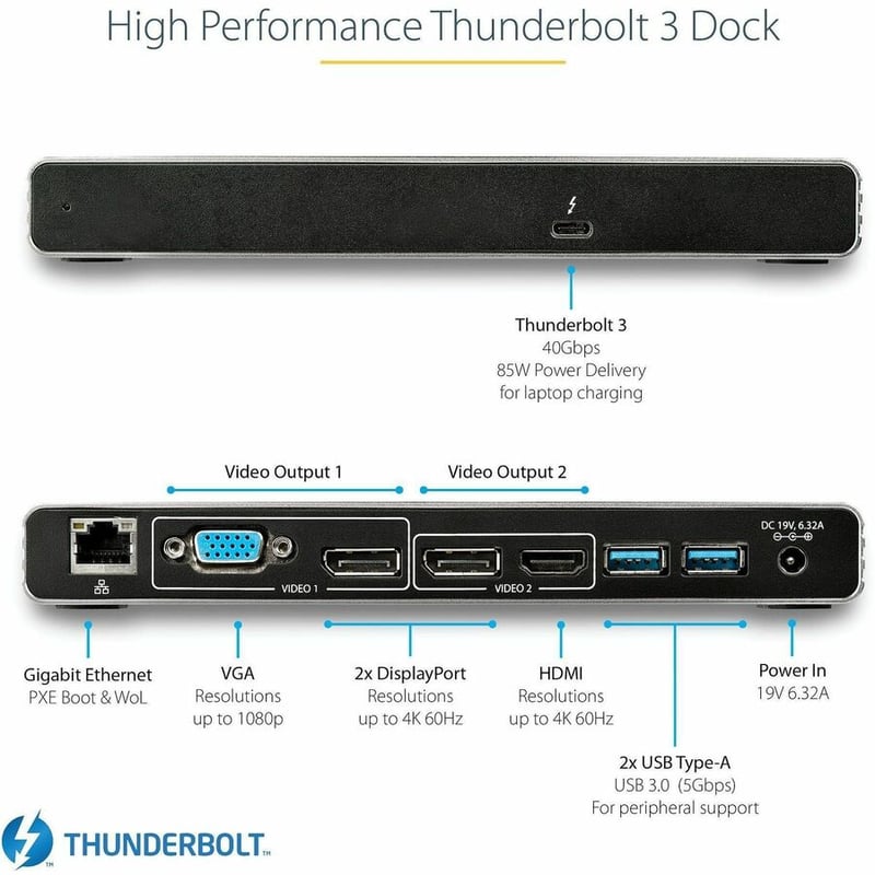 StarTech.com Thunderbolt 3 Dock - Dual 4K 60Hz Monitor TB3 Docking Station with DisplayPort, HDMI & 1080p VGA - 85W Power Delivery - Thumbnail 2