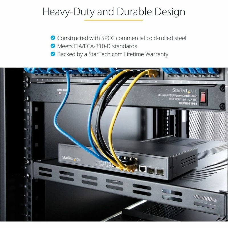 StarTech.com 1U 4-Post 19.5 to 38in Adjustable Mounting Depth Vented Rack Mount Shelf - Heavy Duty Fixed Rack Shelf - 330lbs / 150kg - 27.5in Deep - Thumbnail 3