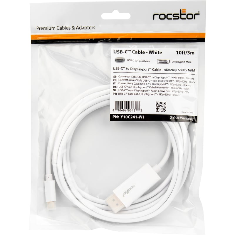 Rocstor Premium 6ft / 2m USB Type C to DisplayPort Cable - USB C to DP Cable - 4K 60Hz - White - DisplayPort/USB for Video Device, Monitor, Workstation, Projector, MacBook, Chromebook, Notebook, Ultrabook, TV - 6ft - 1 Pack - 1 x Type C Male USB - 1 x - - Thumbnail 3
