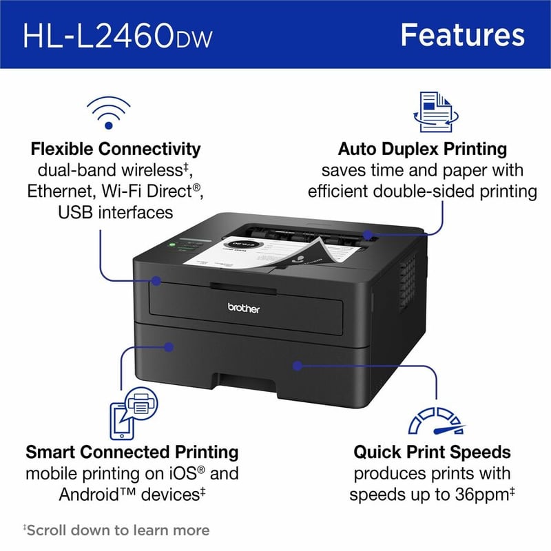 Brother Wireless HL-L2460DW Compact Monochrome Laser Printer, Duplex and Mobile Printing - Thumbnail 3