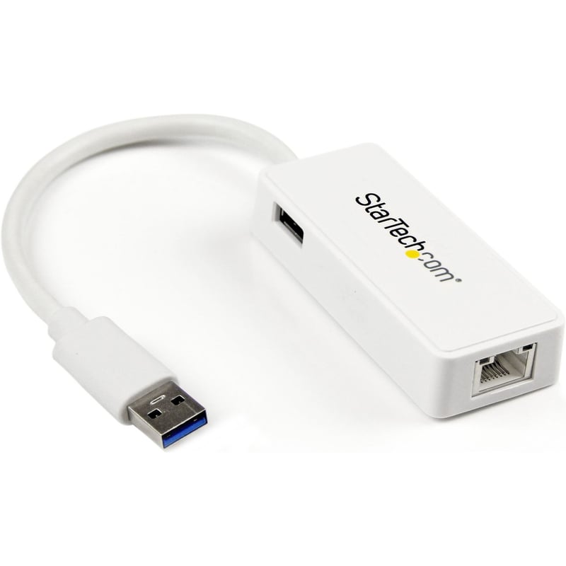 StarTech.com USB 3.0 to Gigabit Ethernet Adapter NIC w/ USB Port - White - Thumbnail 1