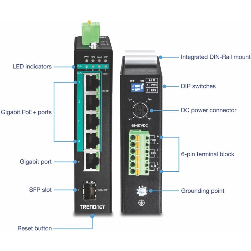 TRENDnet 5-Port Hardened Industrial Gigabit PoE+ DIN-Rail Switch, 120W Power Budget, 1 x SFP Slot, IP30 Rated, Unmanaged Switch, Gigabit PoE+ Network Switch, Lifetime Protection, Black, TI-PG541 - Thumbnail 5