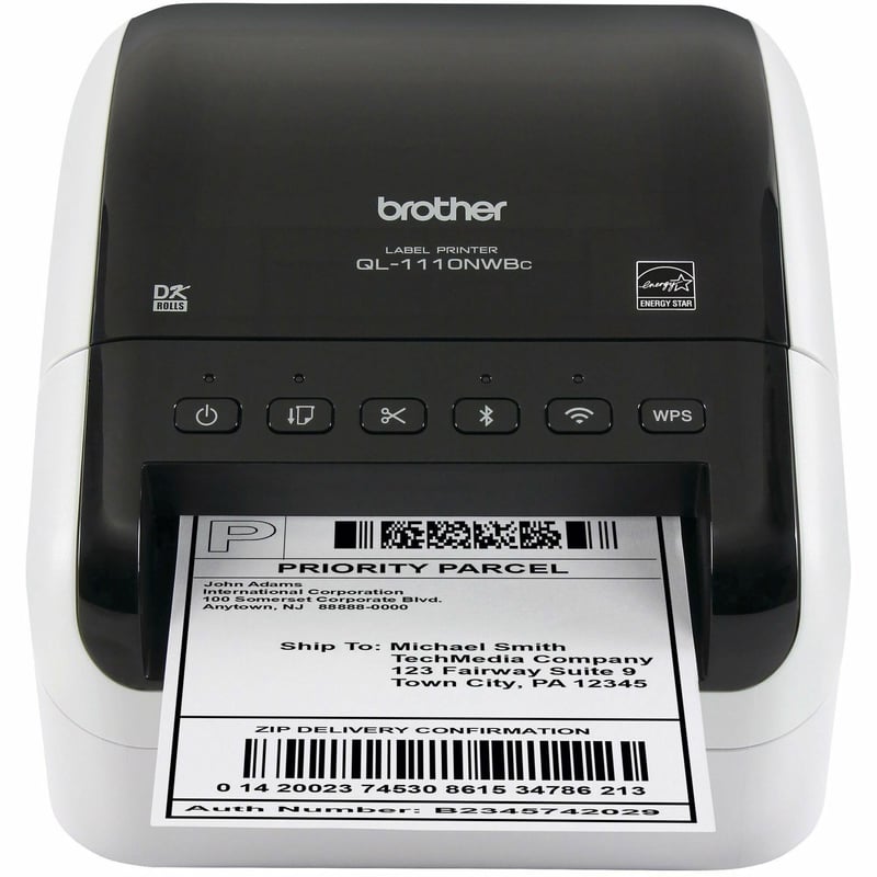 Brother QL-1110NWBC Desktop Direct Thermal Printer - Monochrome - Label Print - Ethernet - USB - Bluetooth - White, Glossy Black - Thumbnail 1