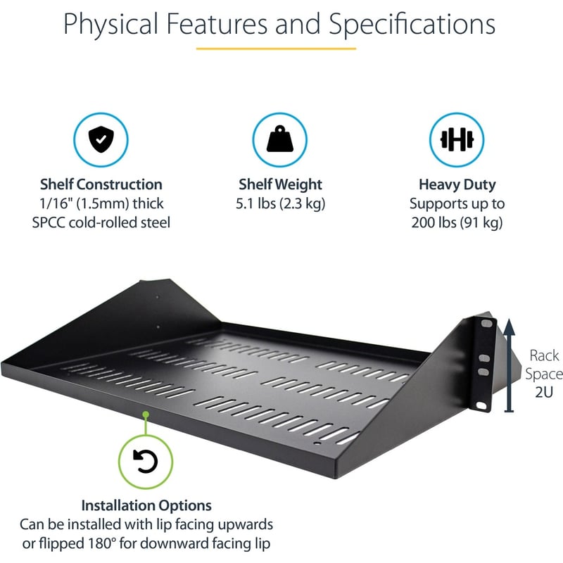 StarTech.com 2U Vented Server Rack Shelf - Center Mount Fixed 14" Deep Cantilever Rackmount Tray for 19" Data/AV/Network w/Cage Nuts - Thumbnail 3