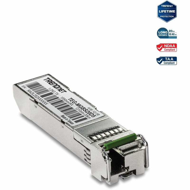 TRENDnet SFP to RJ45 Dual Wavelength Single-Mode LC Module; TEG-MGBS20D5; Must Pair w/ TEG-MGBS20D3 or a Compatible Module; Up to 20 km (12.4 miles); Bi-Directional (WDM) SFP; Lifetime Protection - Thumbnail 1