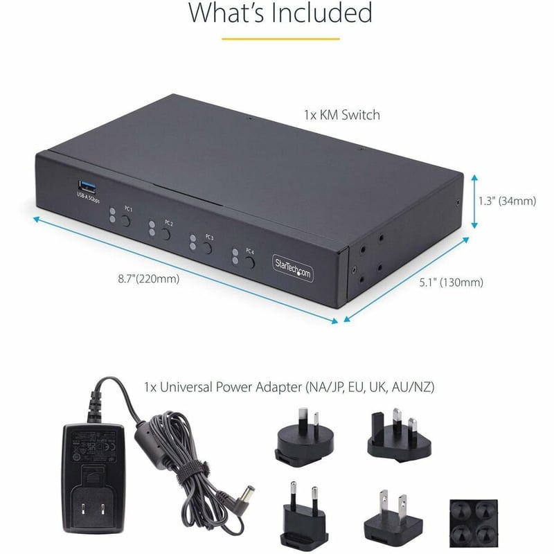 StarTech.com 4-Port KM Switch with Mouse Roaming, USB 3.0 Keyboard/Mouse Switcher for 4 Computers, 3.5mm and USB Audio, TAA Compliant