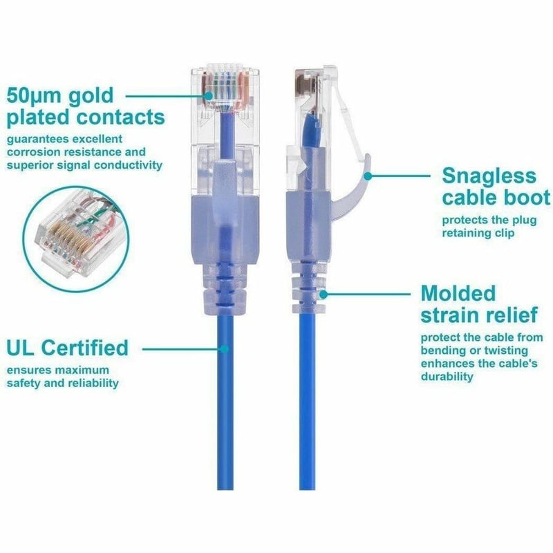 MONOPRICE CAT6A 7FT BLUE PATCH CABLE_ UTP_ 30AWG_ 10G_ PURE BARE COPPER_ SNAGLES - Thumbnail 4