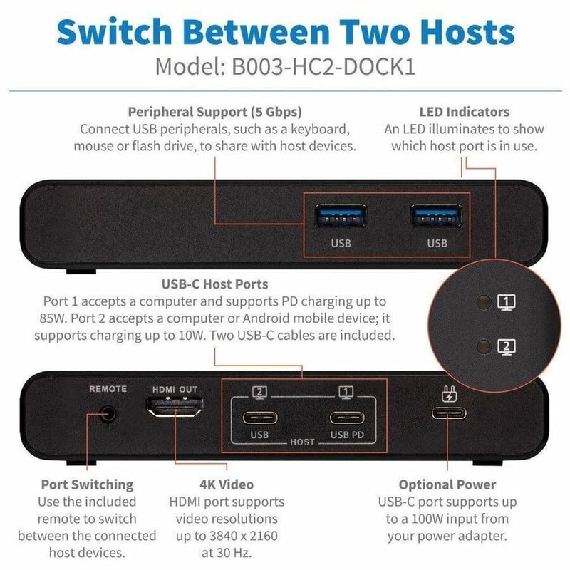 Tripp Lite by Eaton 2-Port USB-C KVM Dock - 4K HDMI USB 3.2 Gen 1 USB-A Hub Remote Selector 85W PD Charging Black - Thumbnail 3