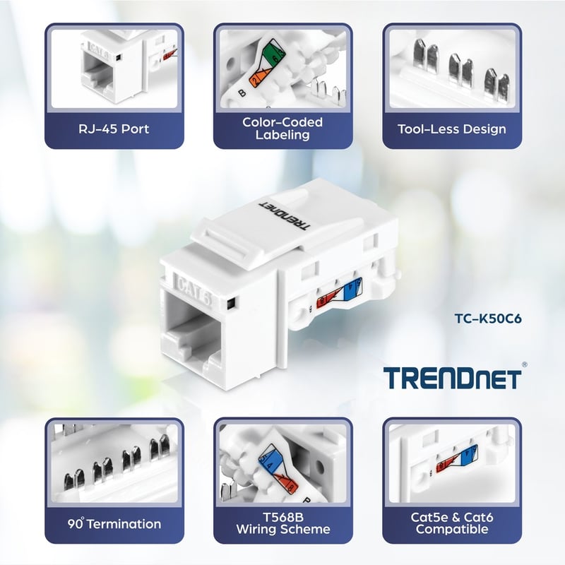 TRENDnet Cat6 Keystone Jack 50-Pack Bundle, TC-K50C6, Compatible with Cat5/Cat5e/Cat6 Cabling Cat6 RJ45 Keystone Jacks, Use with the TC-KP24 or TC-KP48 Blank Keystone Patch Panels (Sold Separately) - Thumbnail 3