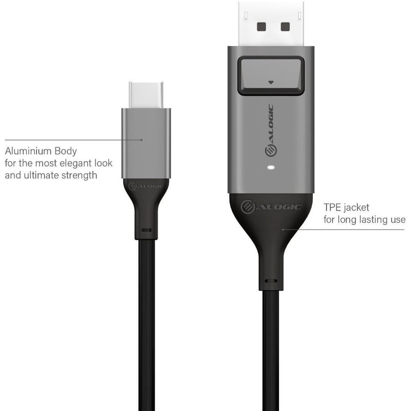 Alogic USB-C (Male) to DisplayPort (Male) Cable - Ultra Series - 4K 60Hz -Space Grey - 2m - Thumbnail 2