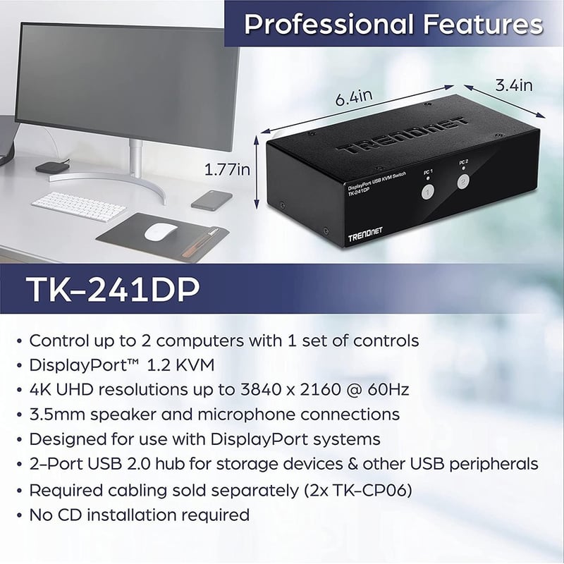 TRENDnet 2-Port DisplayPort KVM Switch, DisplayPort 1.2 KVM, Connect and Control Two Computers, Supports 4K UHD Resolution, 3840 x 2160 at 60Hz, 2-Port USB 2.0 Hub, Black, TK-241DP - Thumbnail 3