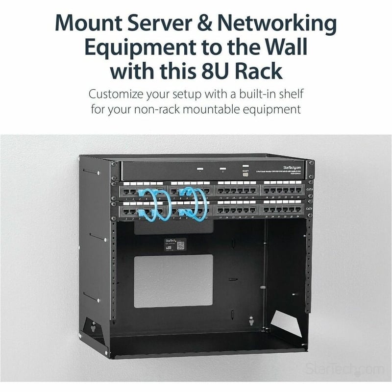 StarTech.com 2-Post 8U Open Frame Wall Mount Network Rack with Built-in Shelf and Adjustable Depth, Computer Rack for IT Equipment, TAA~ - Thumbnail 2