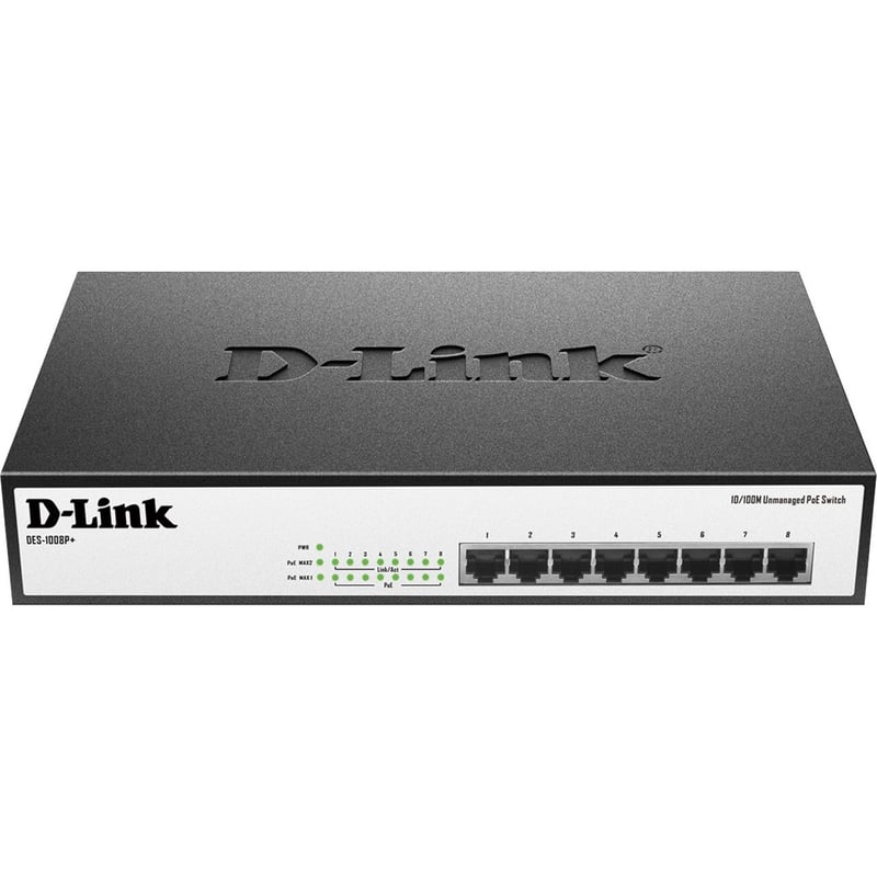 D-Link DES-1008P+ 8-Port 10/100 Unmanaged Desktop or Rackmount PoE+ Switch - Thumbnail 1